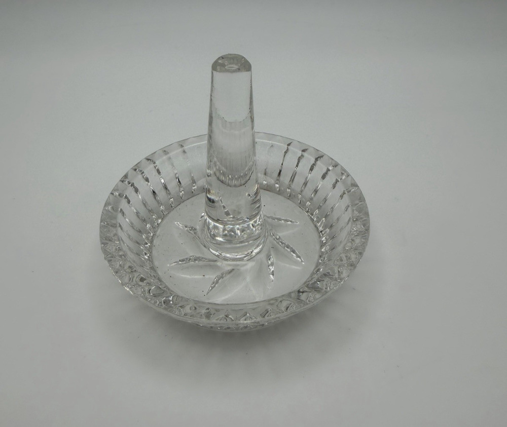 Etched Crystal Glass Jewelry Ring Holder Trinket Dish Pinwheel Design